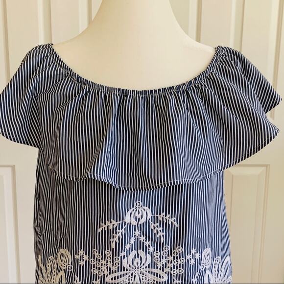 Blue Rain Blouse Top White Blue Striped Ruffled Sleeveless Embroidered XS - Picture 3 of 11